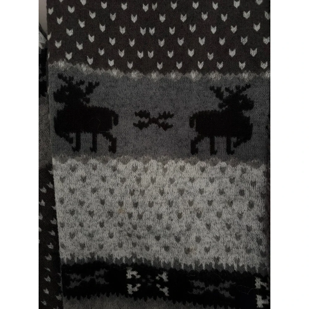 Fair Isle‎ Reindeer Scarf Unisex OS Grey Knit Fleece Lined Pushmina Monochrome